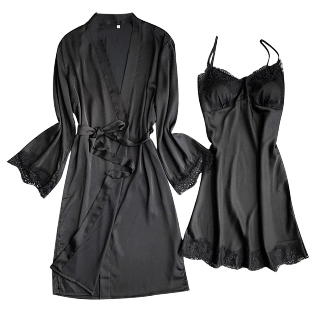 2 PIECE SILK ROBE WITH SPAGATTI STRAPS NIGHTY