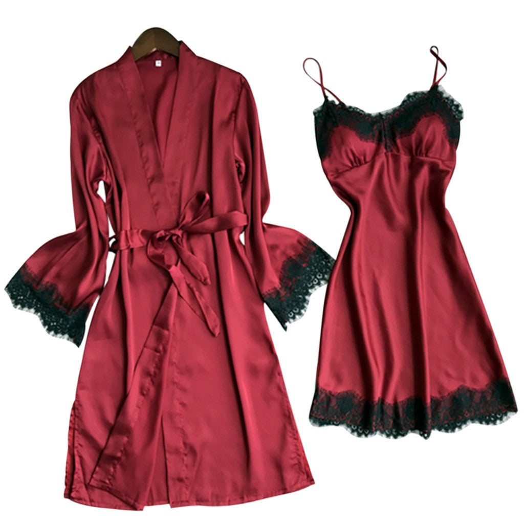 2 PIECE SILK ROBE WITH SPAGATTI STRAPS NIGHTY